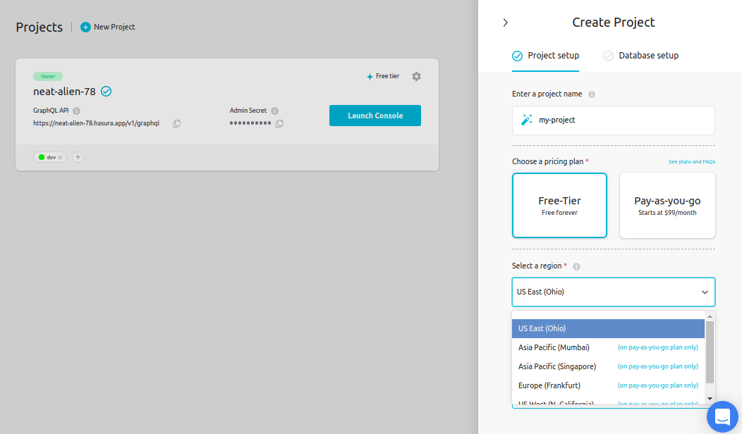 select regions while project creation